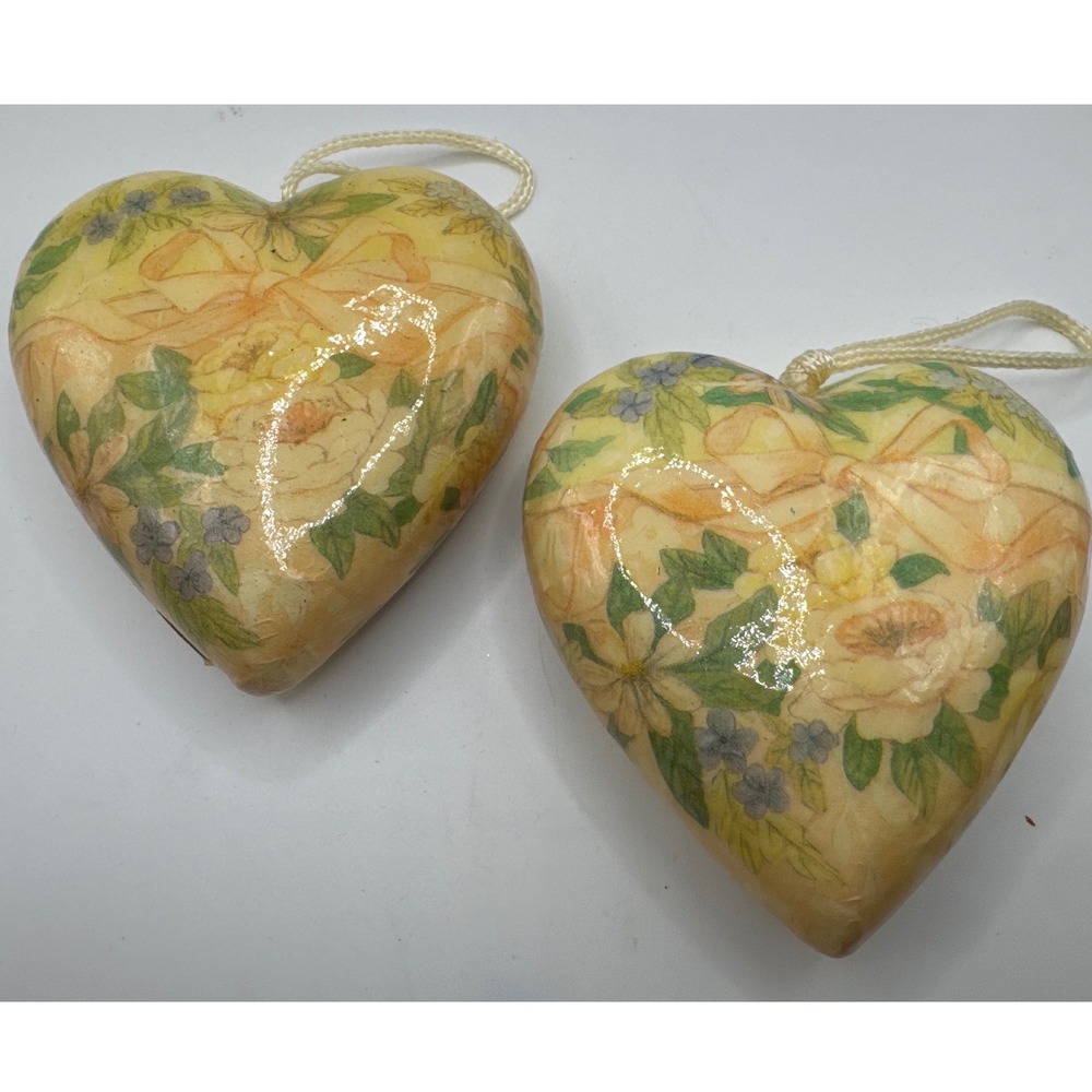 Vintage Floral Decoupage Heart Ornaments Set of 2 Yellow Rose Victorian Style